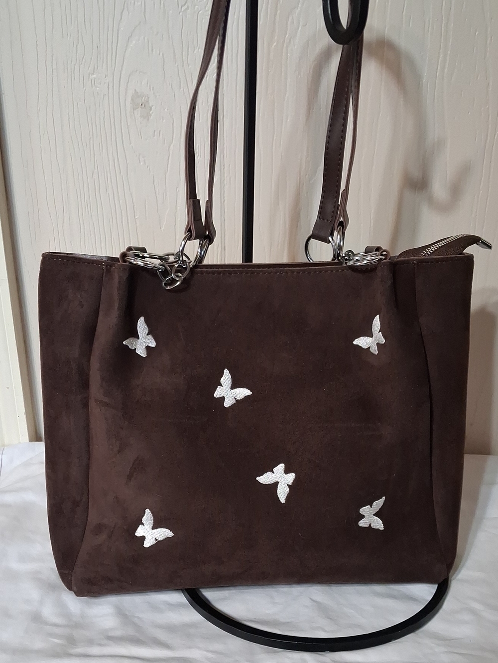 Women’s Brown Suede Tote with Silver Hardware and Butterfly Accents